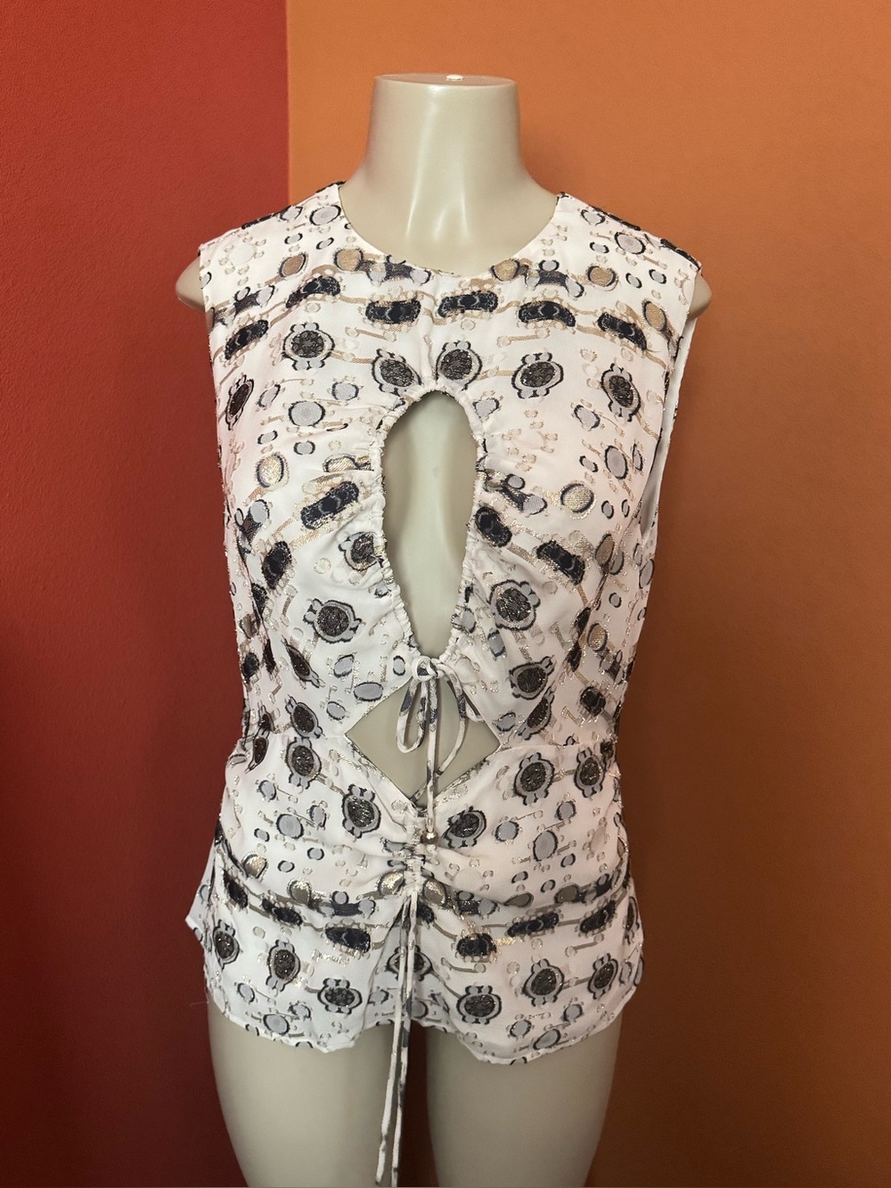Altuzarra Cream and Navy Printed Tie-Back Silk Blouse
